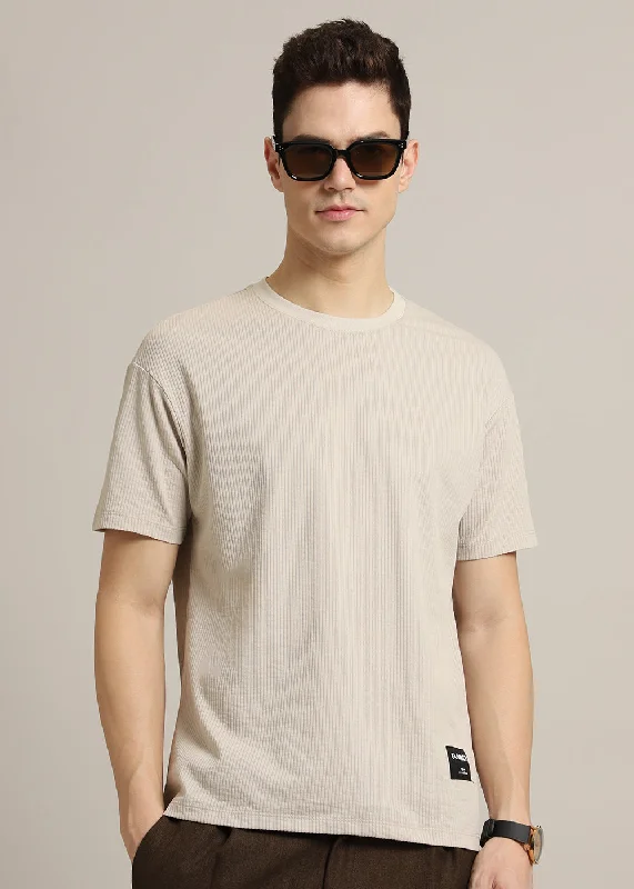 Beige Ribbed Stripe Regular Fit T-shirt