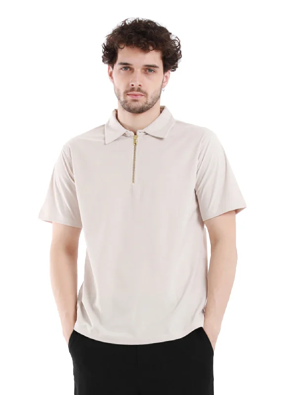 Cream Beige Zip polo T-shirt