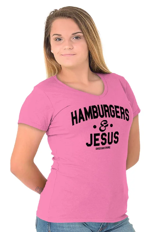 Hamburgers & Jesus Junior Fit V-Neck T-Shirt