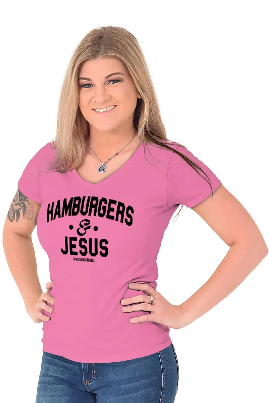 Hamburgers & Jesus Junior Fit V-Neck T-Shirt