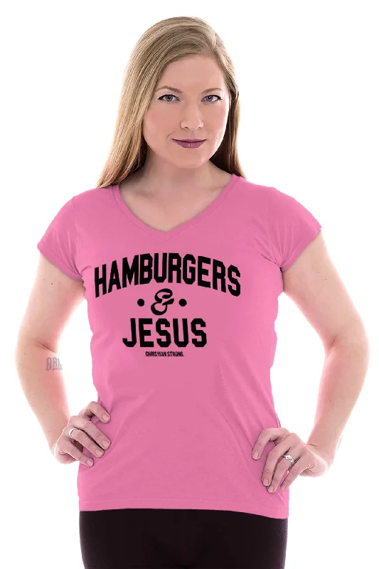 Hamburgers & Jesus Junior Fit V-Neck T-Shirt