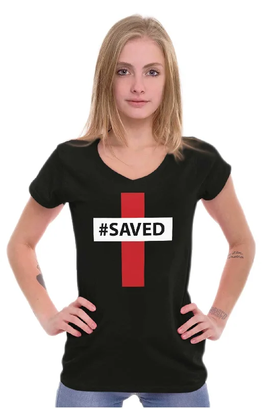 Hashtag Saved Junior Fit V-Neck T Shirt