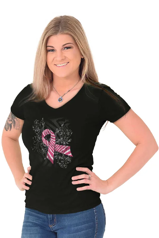 Pink And White Ribbon Junior Fit V-Neck T Shirt