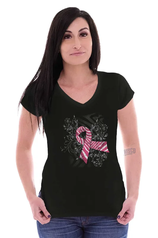 Pink And White Ribbon Junior Fit V-Neck T Shirt