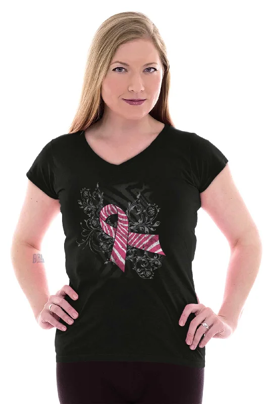 Pink And White Ribbon Junior Fit V-Neck T Shirt