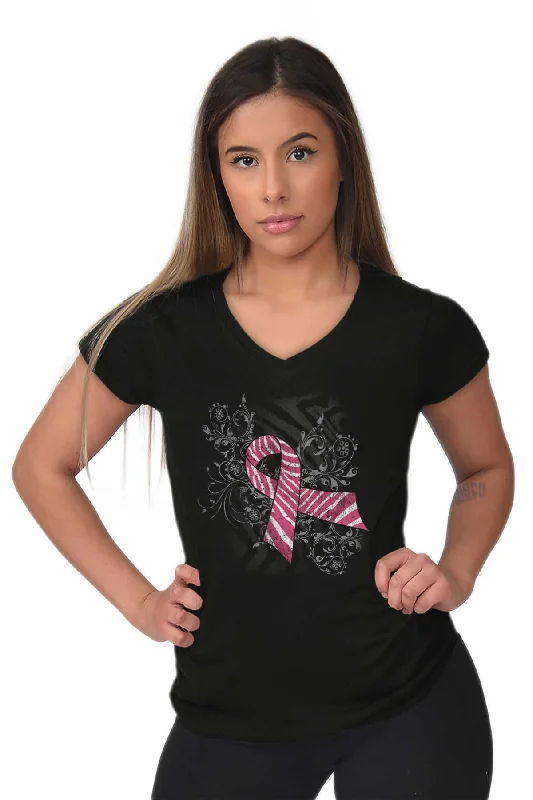 Pink And White Ribbon Junior Fit V-Neck T Shirt