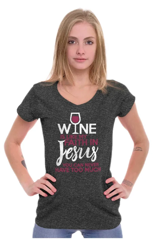 Wine Faith Jesus Junior Fit V-Neck T Shirt