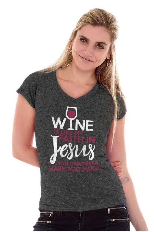 Wine Faith Jesus Junior Fit V-Neck T Shirt