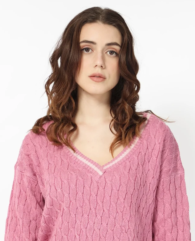 Rareism Women'S Broun Dusky Pink Acrylic Fabric Full Sleeves V-Neck Relaxed Fit Plain Sweater