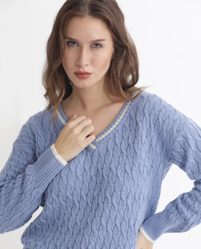 Rareism Women'S Broun Light Blue Acrylic Fabric Full Sleeves Relaxed Fit Solid V-Neck Sweater