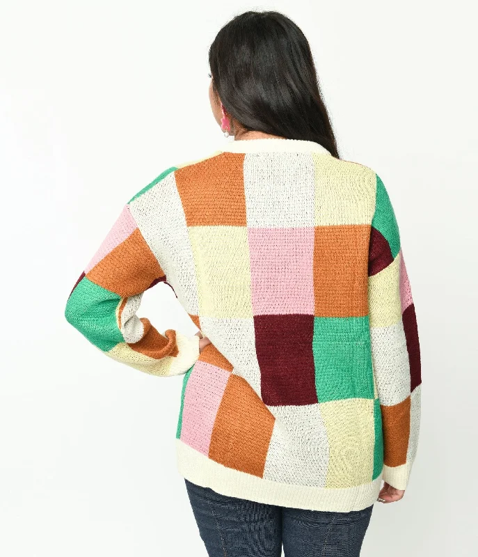 Cream & Multicolor Color Block Checker Sweater