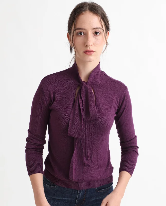 Rareism Women'S Dolce Purple Viscose Fabric Full Sleeves Regular Fit Solid Tie-Up Neck Sweater