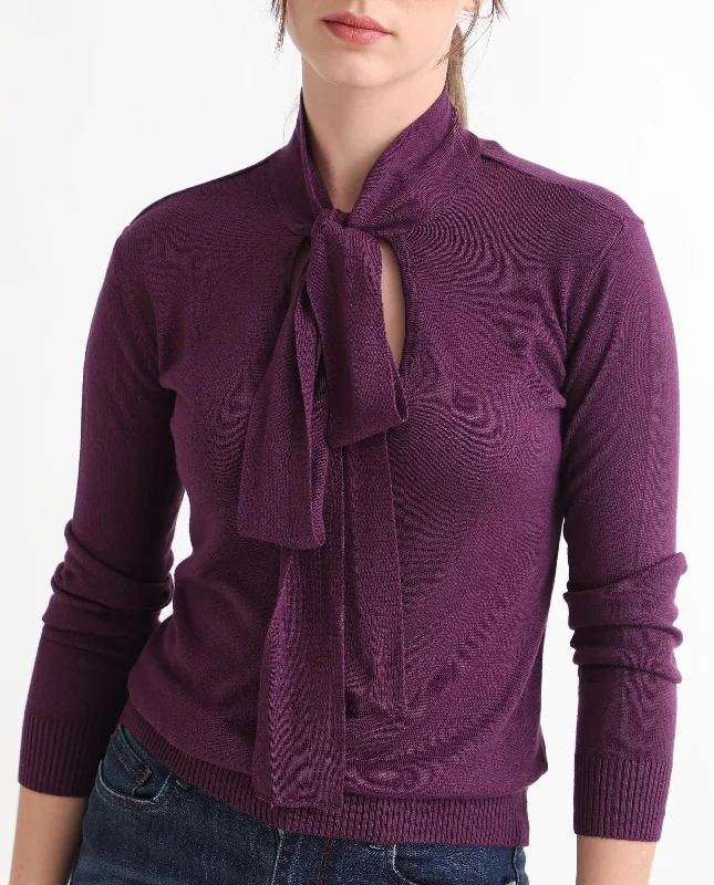 Rareism Women'S Dolce Purple Viscose Fabric Full Sleeves Regular Fit Solid Tie-Up Neck Sweater