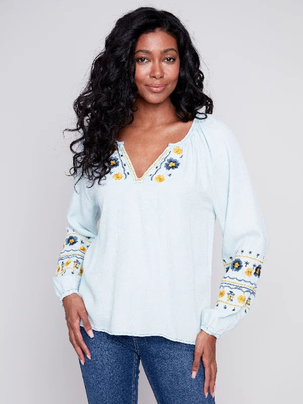 Embroidered Tencel Blouse - Denim