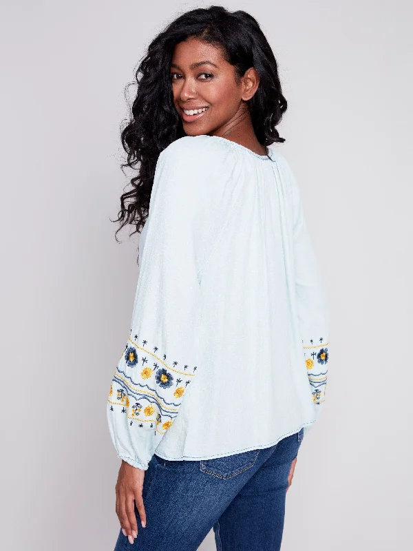 Embroidered Tencel Blouse - Denim