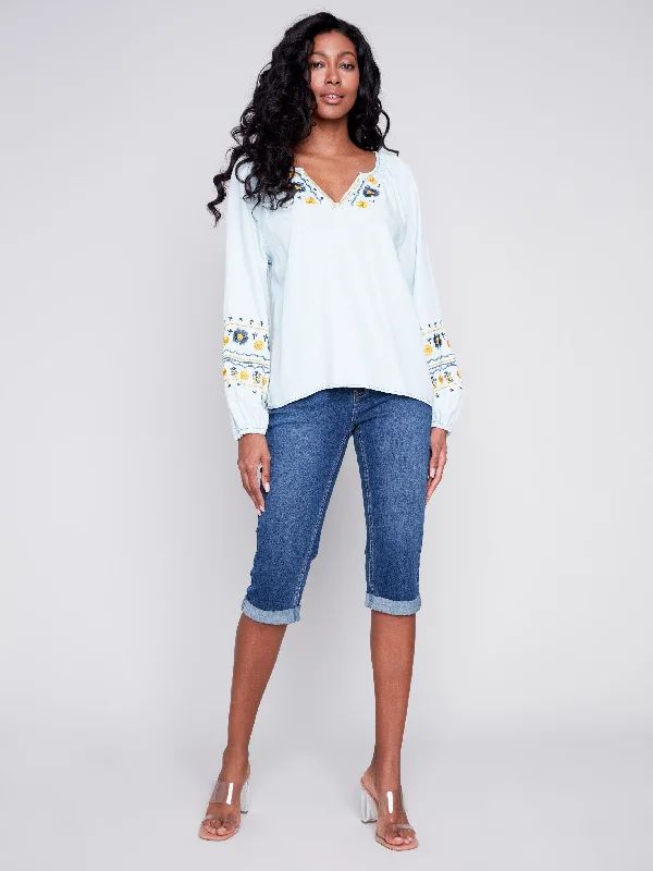 Embroidered Tencel Blouse - Denim