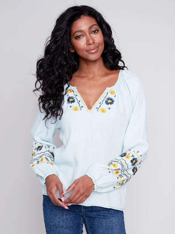 Embroidered Tencel Blouse - Denim