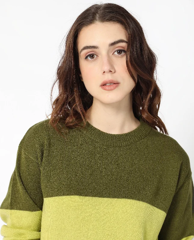 Rareism Women'S Hampshire Olive Acrylic Fabric Full Sleeves Relaxed Fit Color Blocked Round Neck Sweater