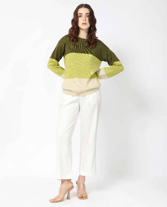 Rareism Women'S Hampshire Olive Acrylic Fabric Full Sleeves Relaxed Fit Color Blocked Round Neck Sweater