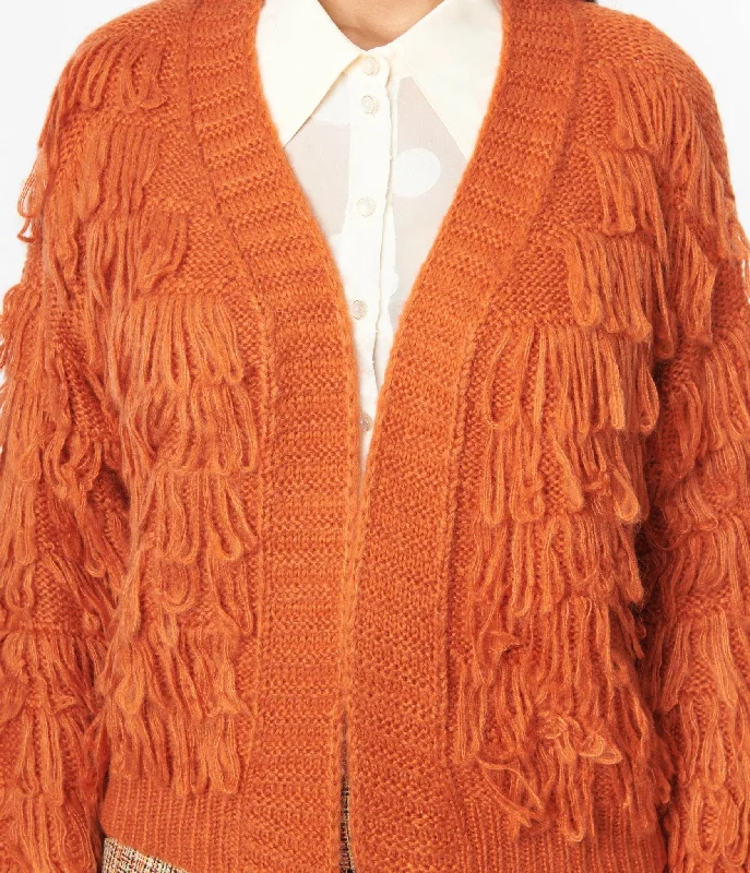 1970s Orange Fringe Open Cardigan