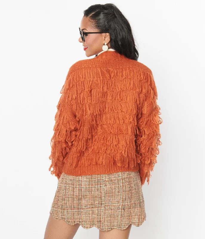 1970s Orange Fringe Open Cardigan