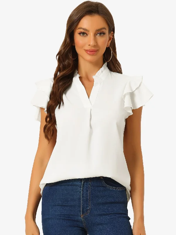 Casual Ruffle V Neck Cap Sleeve Work Office Blouse