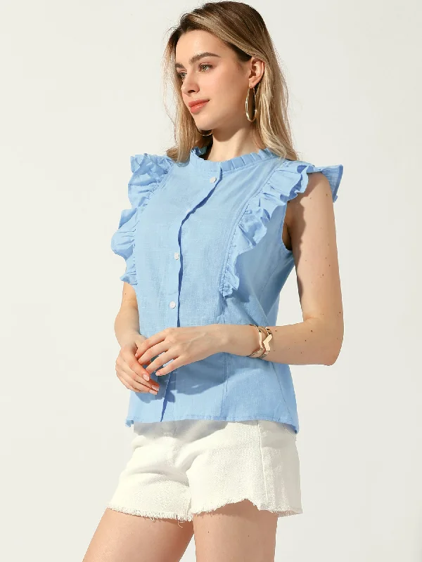 Summer Ruffle Round Neck Button Up Casual Sleeveless Blouse