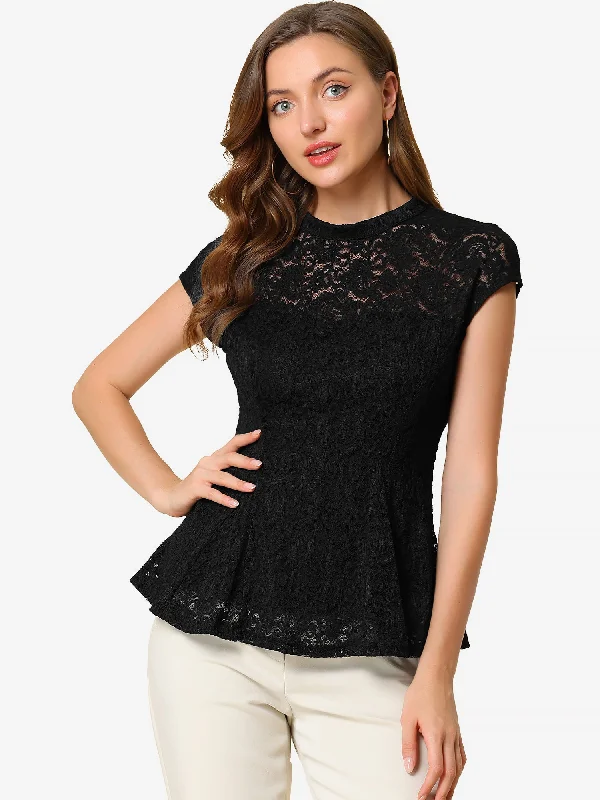 Crochet Peplum Floral Mock Neck Cap Sleeve Lace Blouse