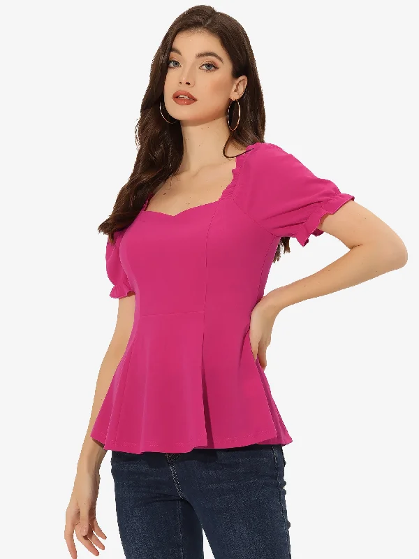 Ruffles Sweetheart Neck Puff Sleeve Peplum Blouse