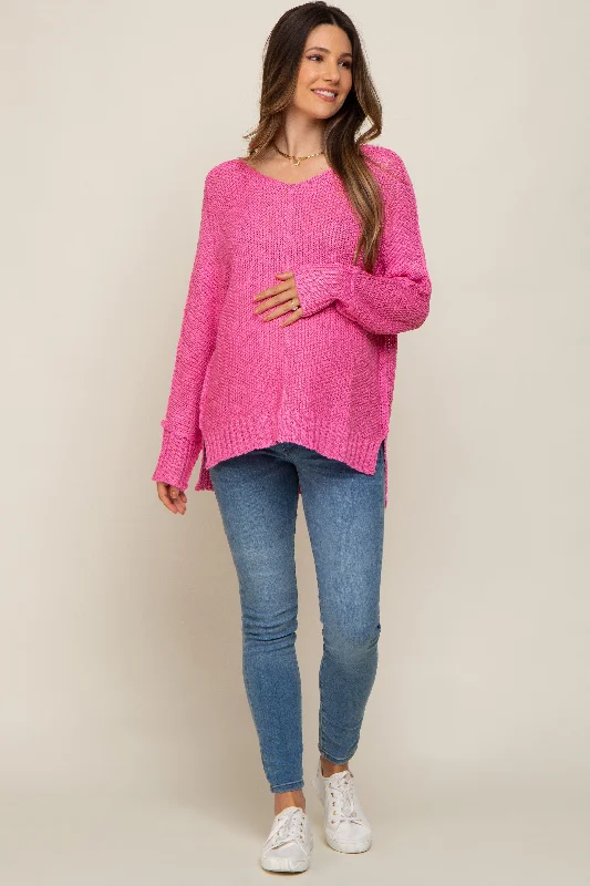 Pink Chunky Knit Side Slit Maternity Sweater