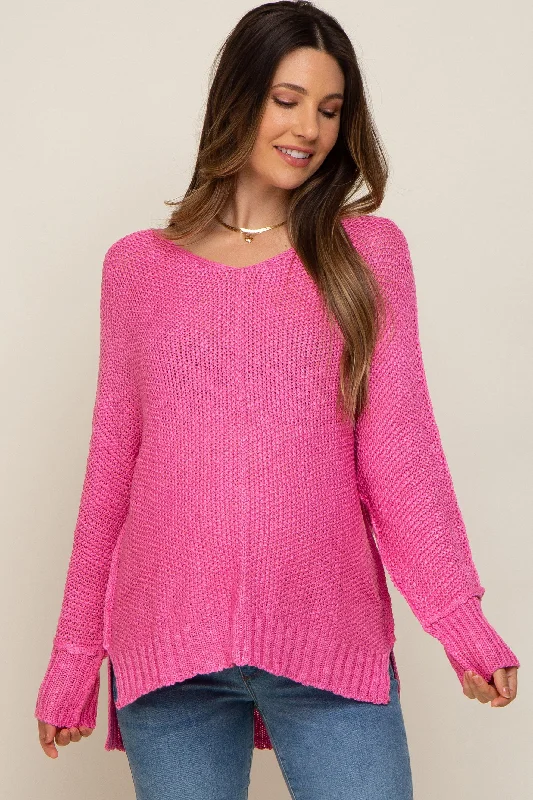 Pink Chunky Knit Side Slit Maternity Sweater