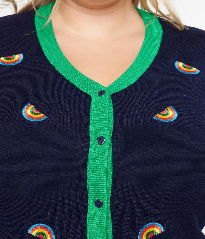 Plus Size 1950s Navy & Green Rainbow Embroidered Skye Cardigan