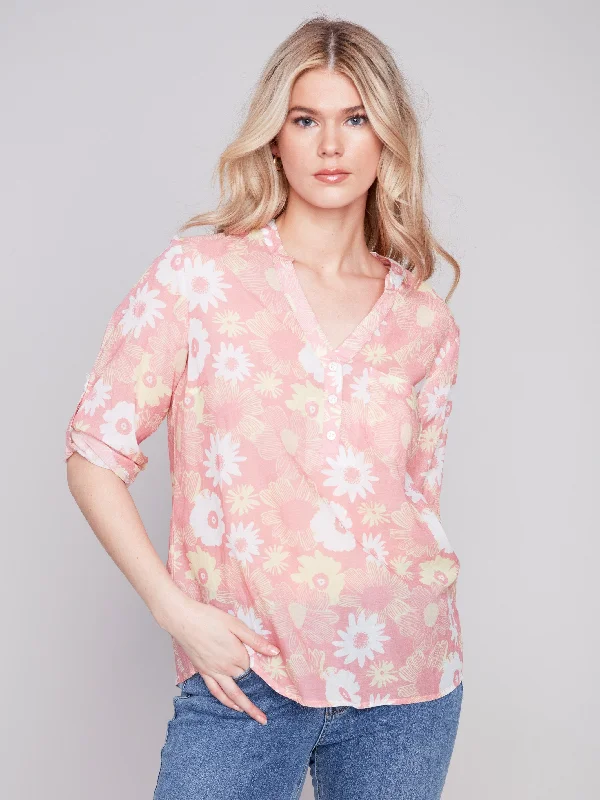 Printed Half-Button Blouse - Cosmos