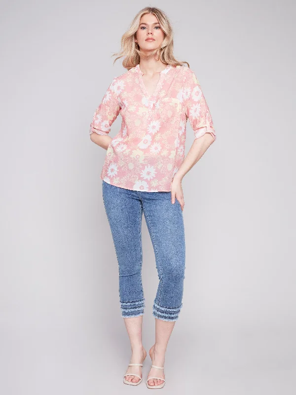 Printed Half-Button Blouse - Cosmos