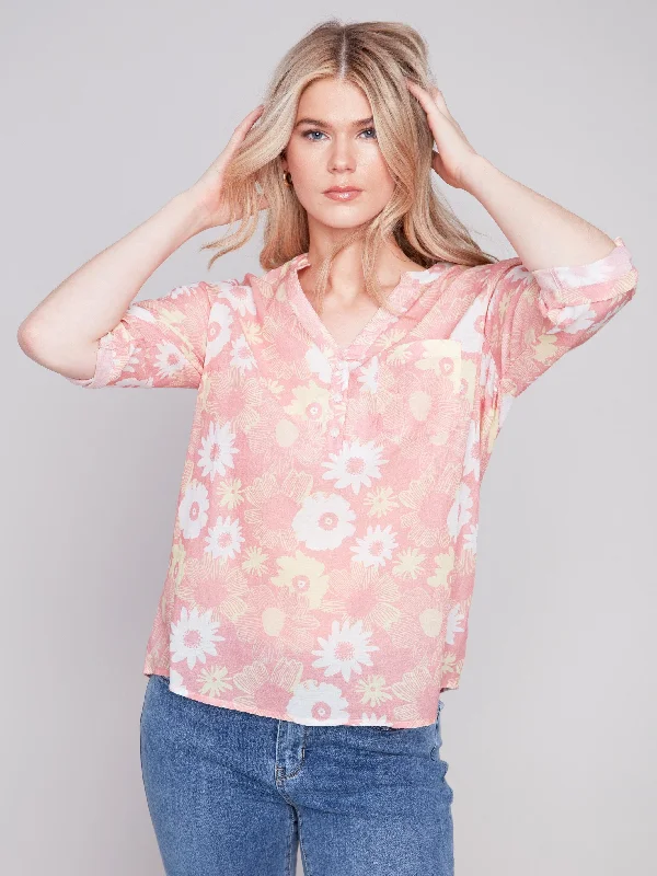 Printed Half-Button Blouse - Cosmos