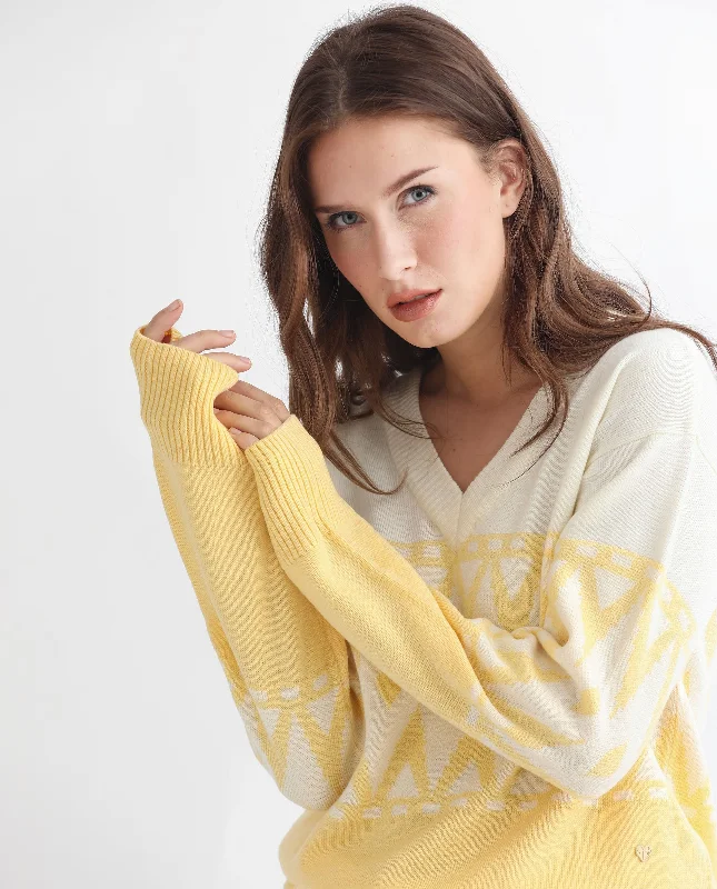 Rareism Women'S Ronnie Yellow Acrylic Fabric Full Sleeves Relaxed Fit Color Blocked V-Neck Sweater