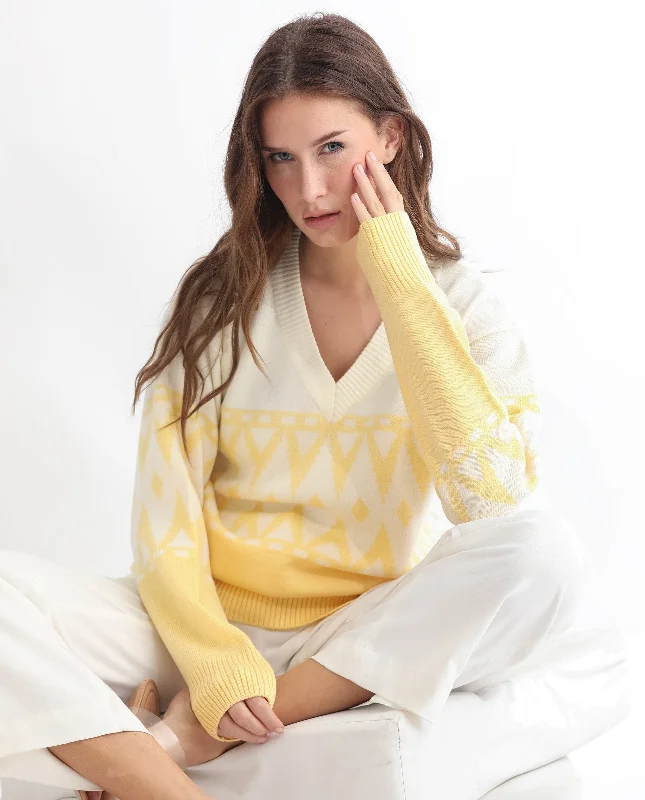 Rareism Women'S Ronnie Yellow Acrylic Fabric Full Sleeves Relaxed Fit Color Blocked V-Neck Sweater