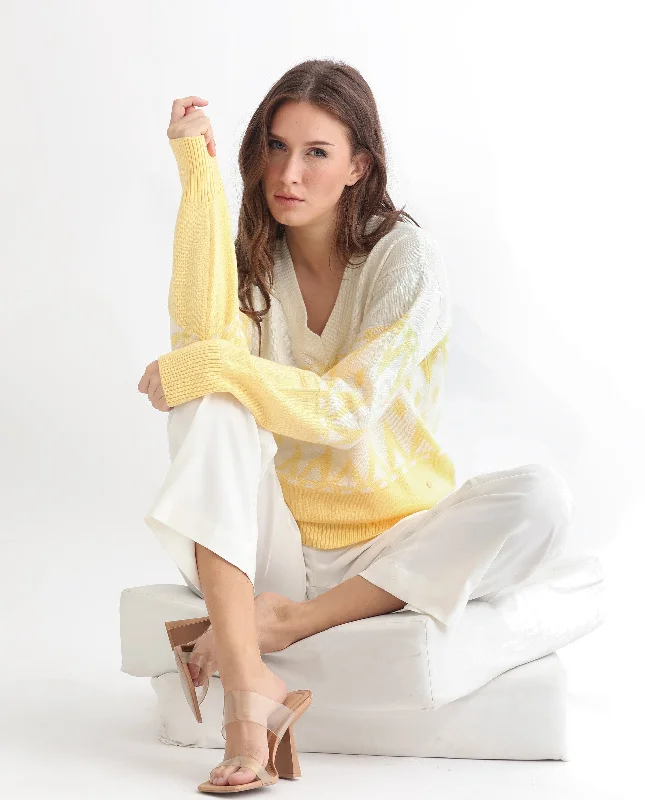 Rareism Women'S Ronnie Yellow Acrylic Fabric Full Sleeves Relaxed Fit Color Blocked V-Neck Sweater