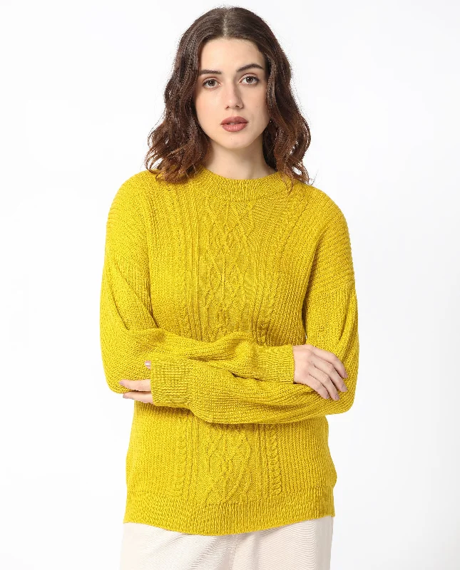 Rareism Women'S Schitt Mustard Acrylic Fabric Full Sleeves High Neck Relaxed Fit Plain Sweater