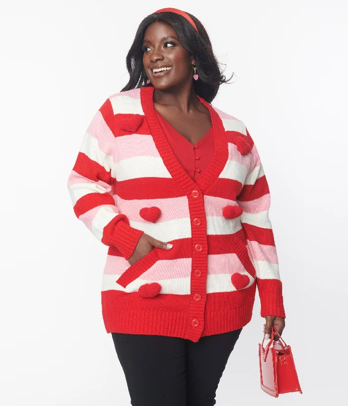 Unique Vintage Plus Size Pink & Red Striped Crochet Hearts Cardigan