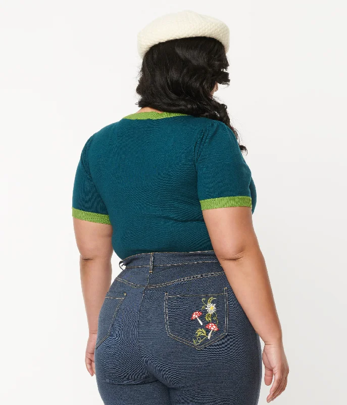 Unique Vintage Plus Size Teal Mushroom & Daisy Embroidered Cardigan