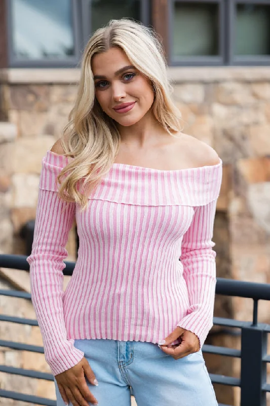 For What It Takes Pale Pink Ribbed Off The Shoulder Sweater