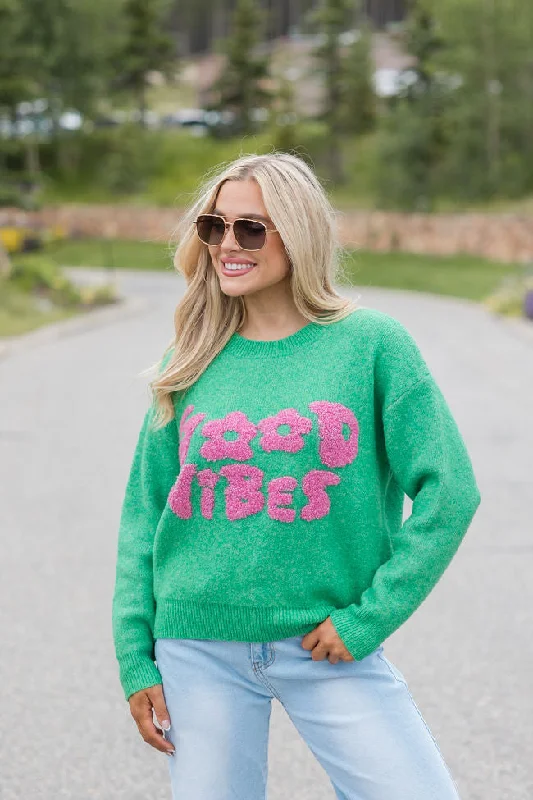 Give Off Good Vibes Green and Pink Sweater