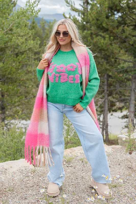 Give Off Good Vibes Green and Pink Sweater