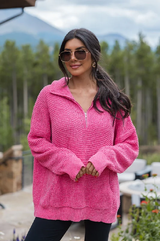 I Jump Too Hot Pink Chenille Quarter Zip Pullover