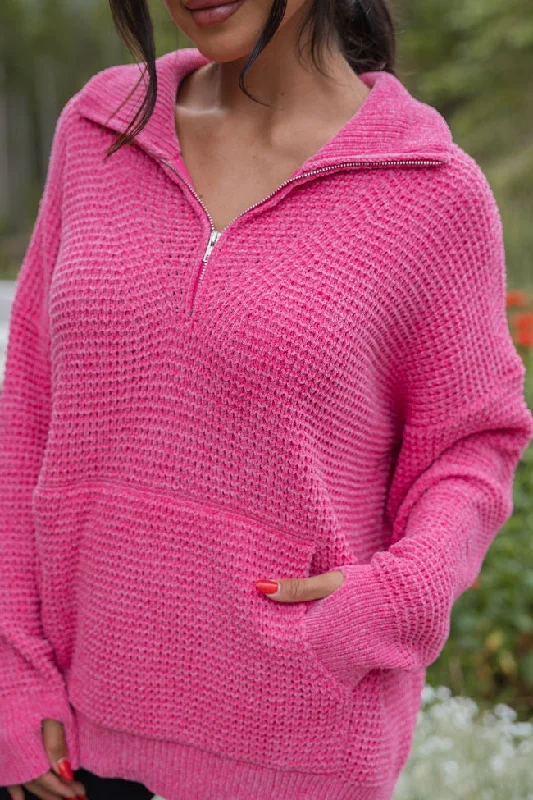 I Jump Too Hot Pink Chenille Quarter Zip Pullover