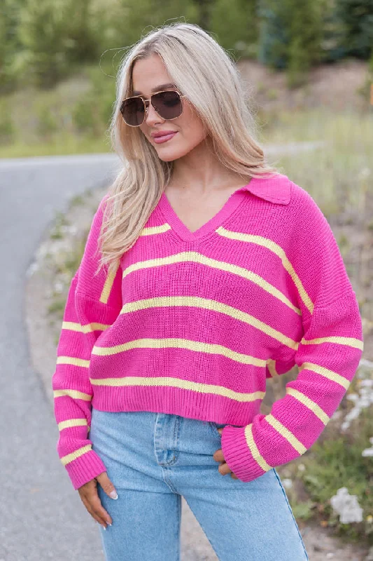 Living Proof Pink and Lime Striped Collared Sweater