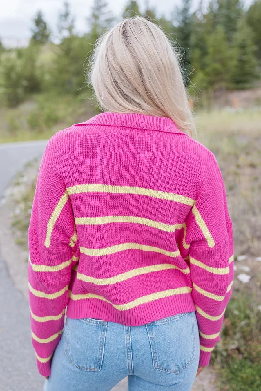 Living Proof Pink and Lime Striped Collared Sweater