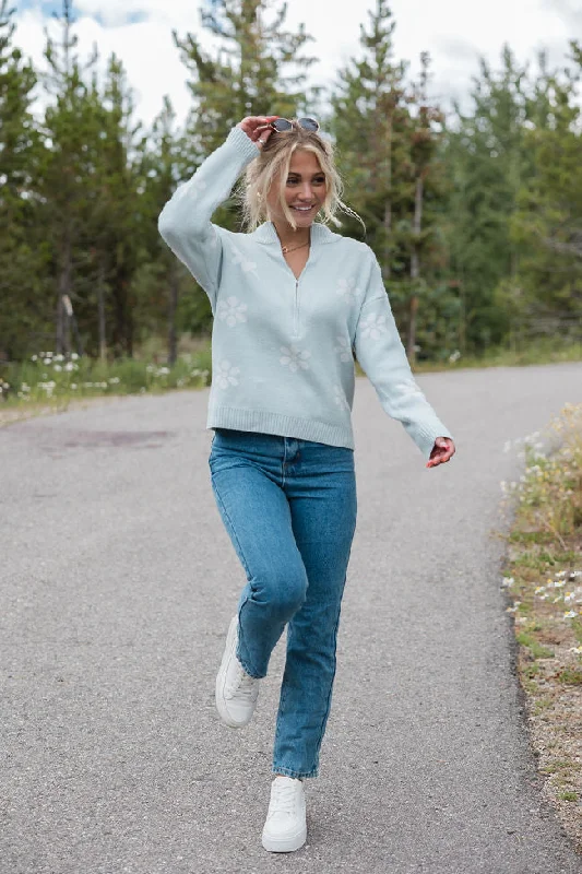 Make It Count Blue Flower Printed Quarter Zip Pullover