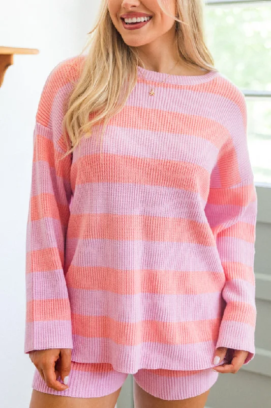 Sign Of The Times Coral And Lilac Striped Sweater Set